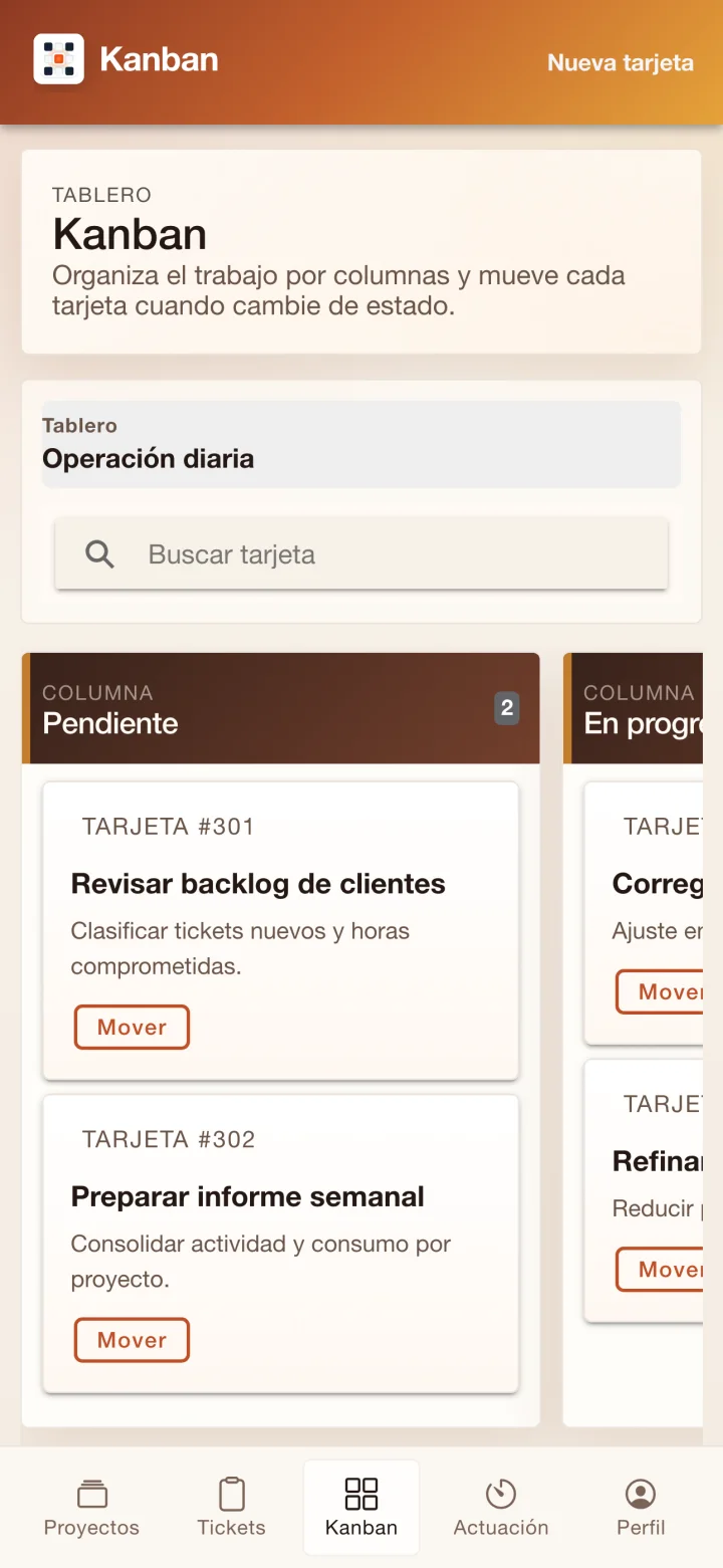 Kanban por proyecto en TeamsProjects, con datos de demostración