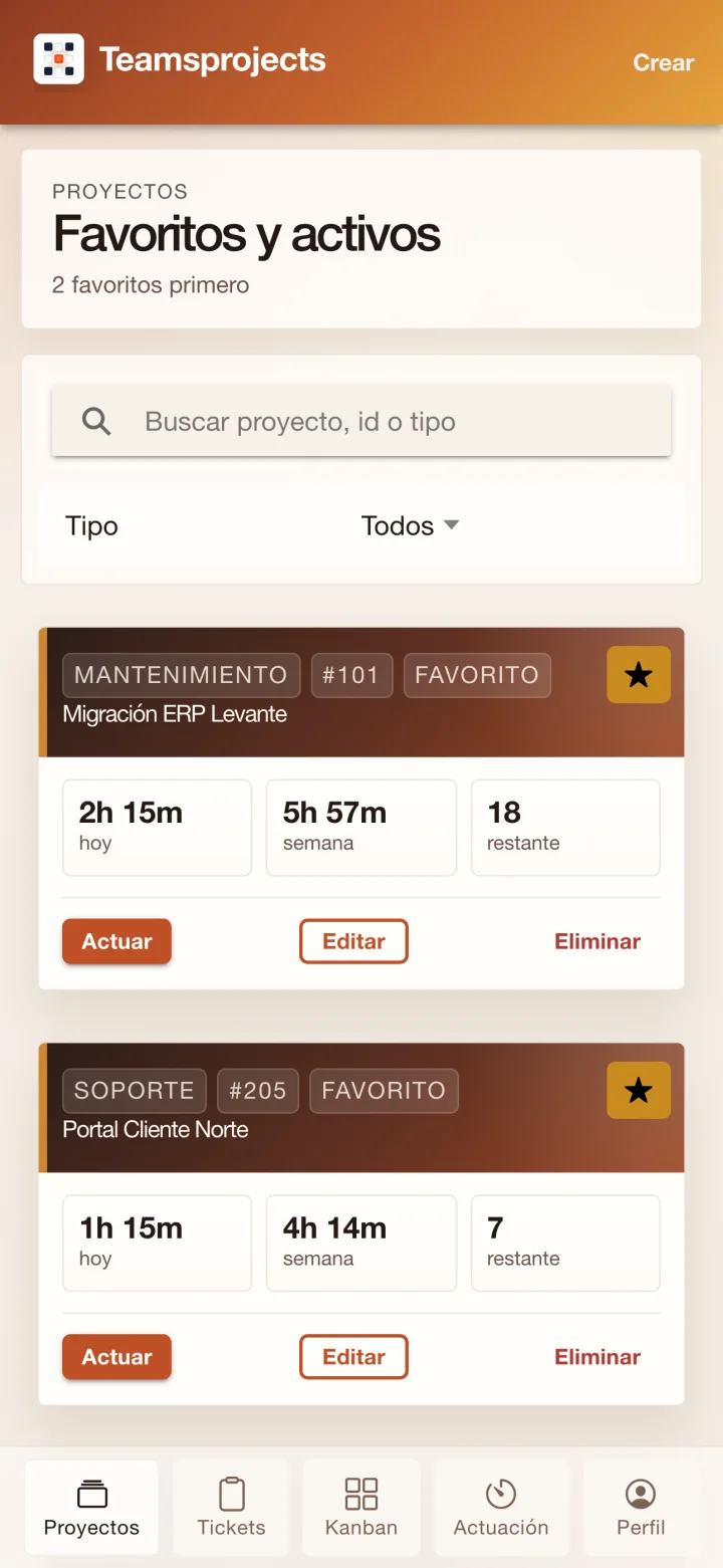 Aplicación TeamsProjects mostrando proyectos con datos ficticios