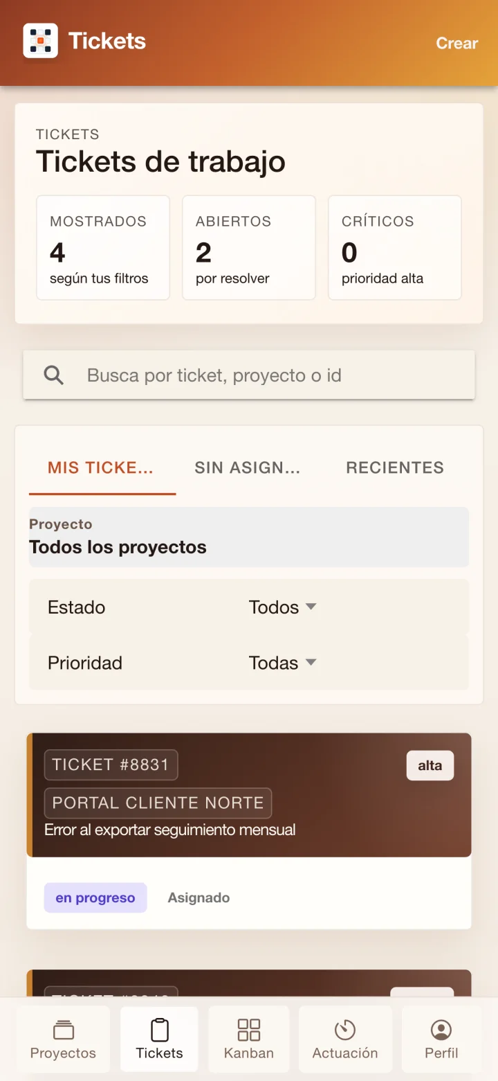 Tickets y prioridades en TeamsProjects, con datos de demostración